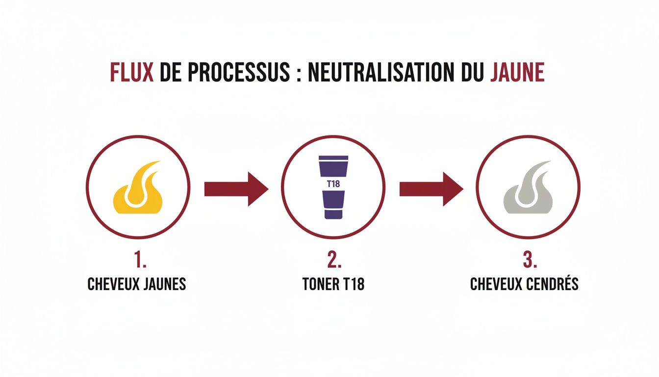 Flux de processus illustrant la neutralisation des cheveux jaunes en cheveux cendrés avec le toner T18.
