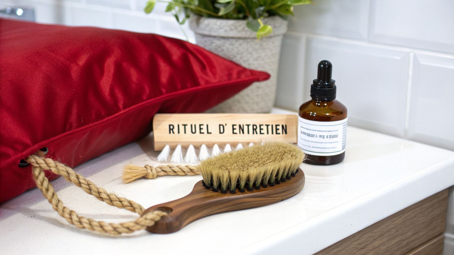 Gros plan sur une brosse en bois, un coussin rouge, une bouteille et un bloc avec 'RITUEL D' ENTRETIEN'.