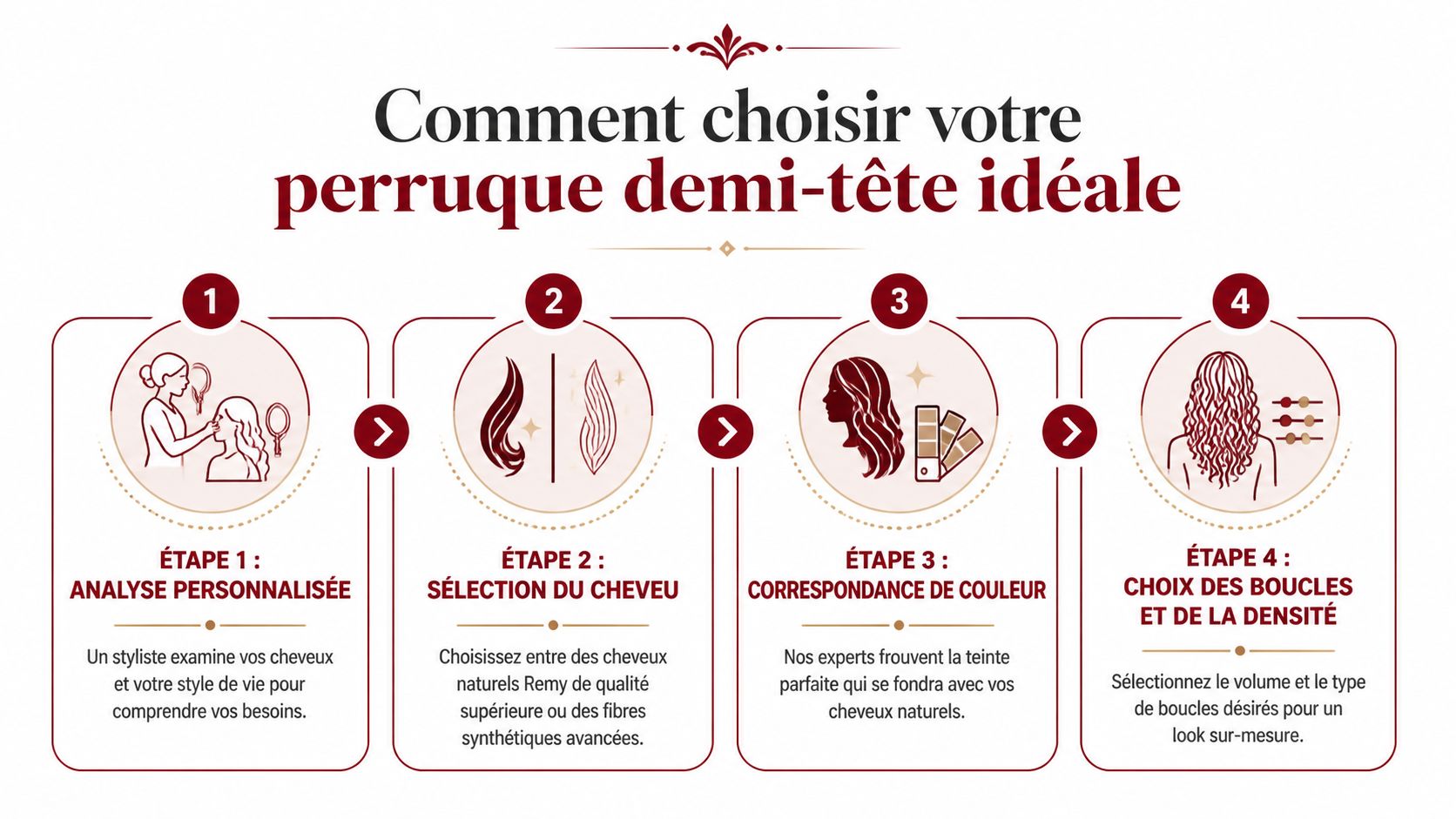 Infographie en quatre étapes expliquant comment choisir et personnaliser une perruque demi-tête selon vos besoins capillaires.
