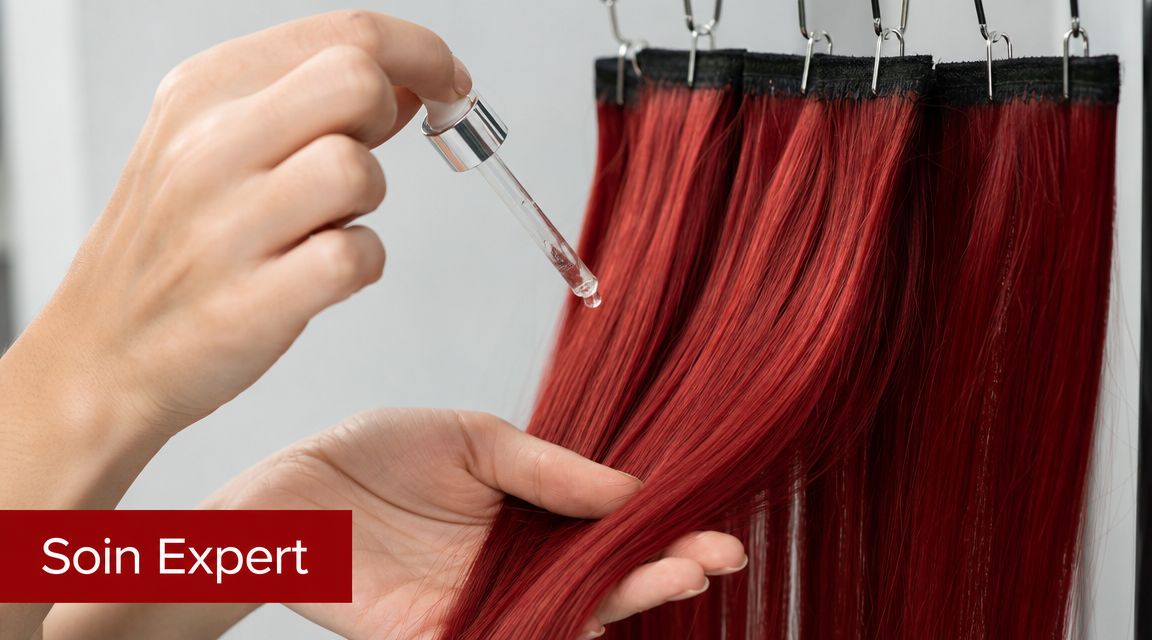 Une main applique un soin capillaire à l'aide d'une pipette sur des extensions de cheveux roux lisses.
