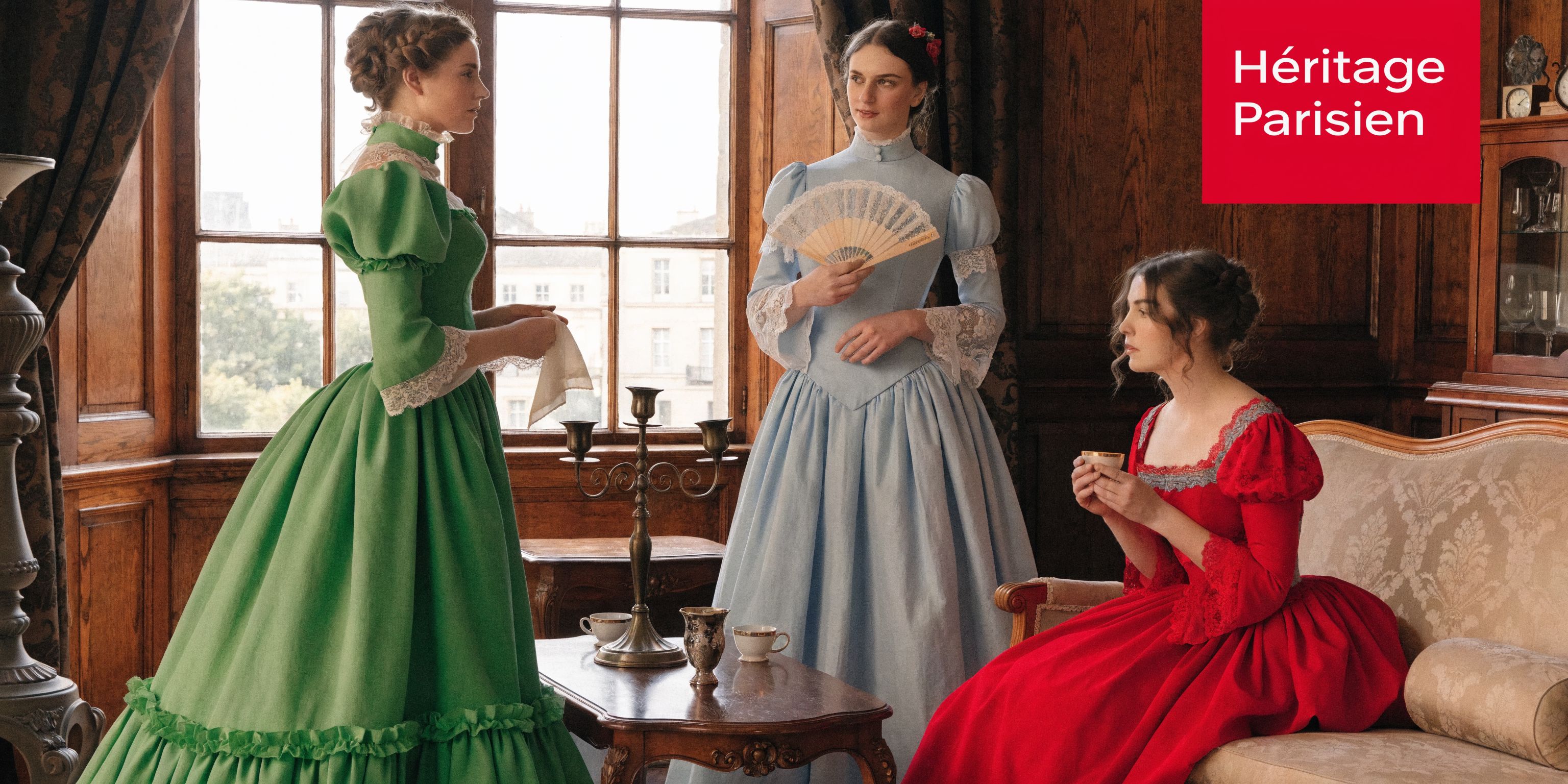Trois femmes élégantes en robes historiques victorieuses conversent dans un salon luxueux près d'une grande fenêtre.