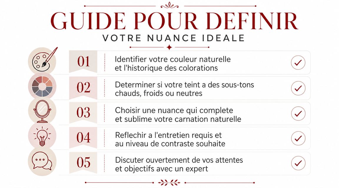 Infographie intitulée Guide pour définir votre nuance idéale avec cinq étapes pour choisir sa couleur de cheveux.