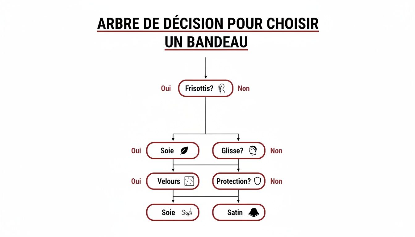 Arbre de décision pour choisir un bandeau, guidant entre soie, velours et satin selon les besoins.