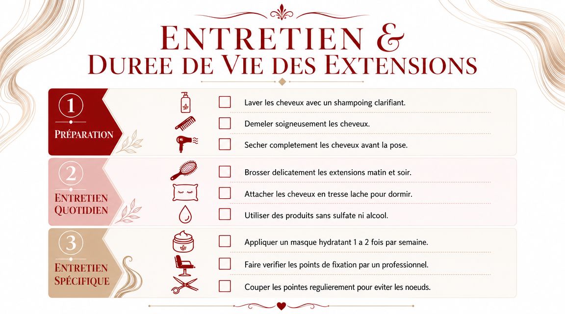 Infographie illustrant les étapes d'entretien et la durée de vie des extensions capillaires pour les maintenir en bonne santé.