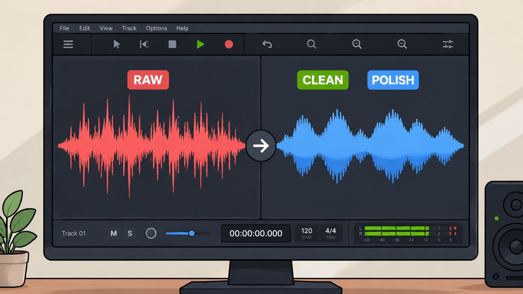 A digital audio workstation interface showing raw audio waveform being processed into clean polished audio.