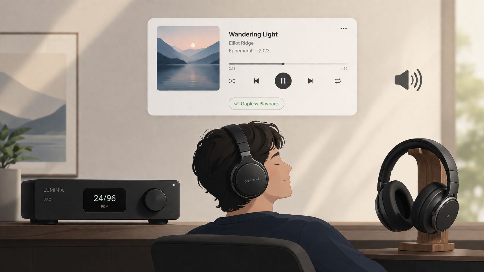 A relaxed person wearing headphones in a room with a high-resolution audio DAC and digital music player interface.