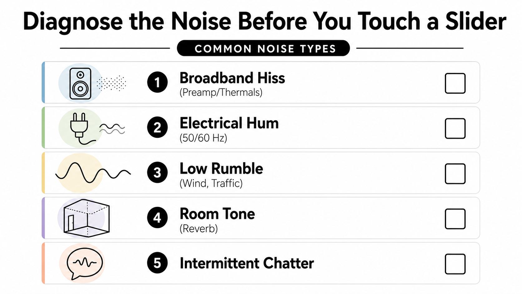 An infographic list describing five common types of audio noise to identify before editing your video.