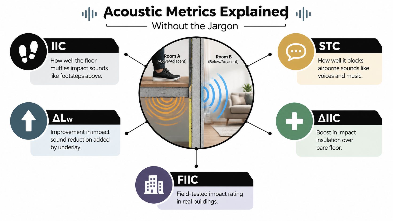 An infographic titled Acoustic Metrics Explained illustrating common sound insulation terms and their functions in building acoustics.