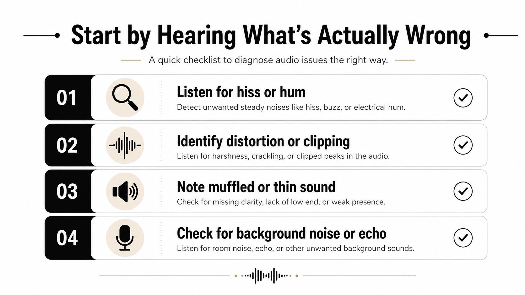 A checklist for diagnosing audio issues, featuring four numbered steps for identifying common sound quality problems.