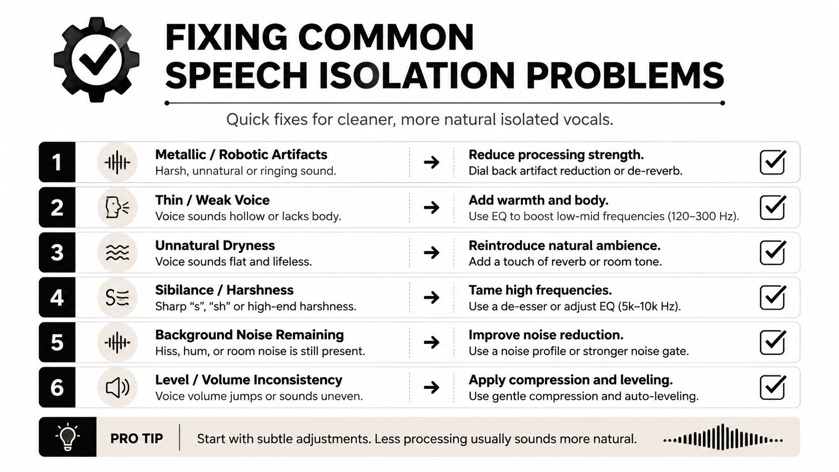 A six-point infographic illustrating quick professional tips for fixing common speech isolation issues in audio recordings.