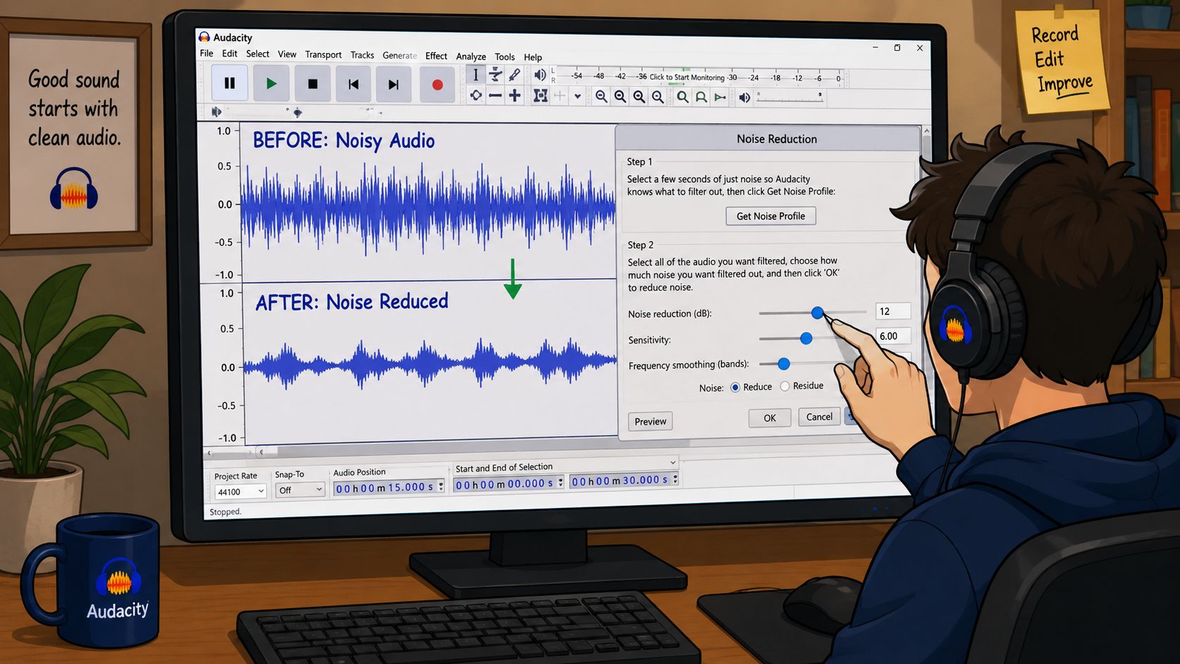 A digital illustration of a person using Audacity software on a computer to remove background audio noise.