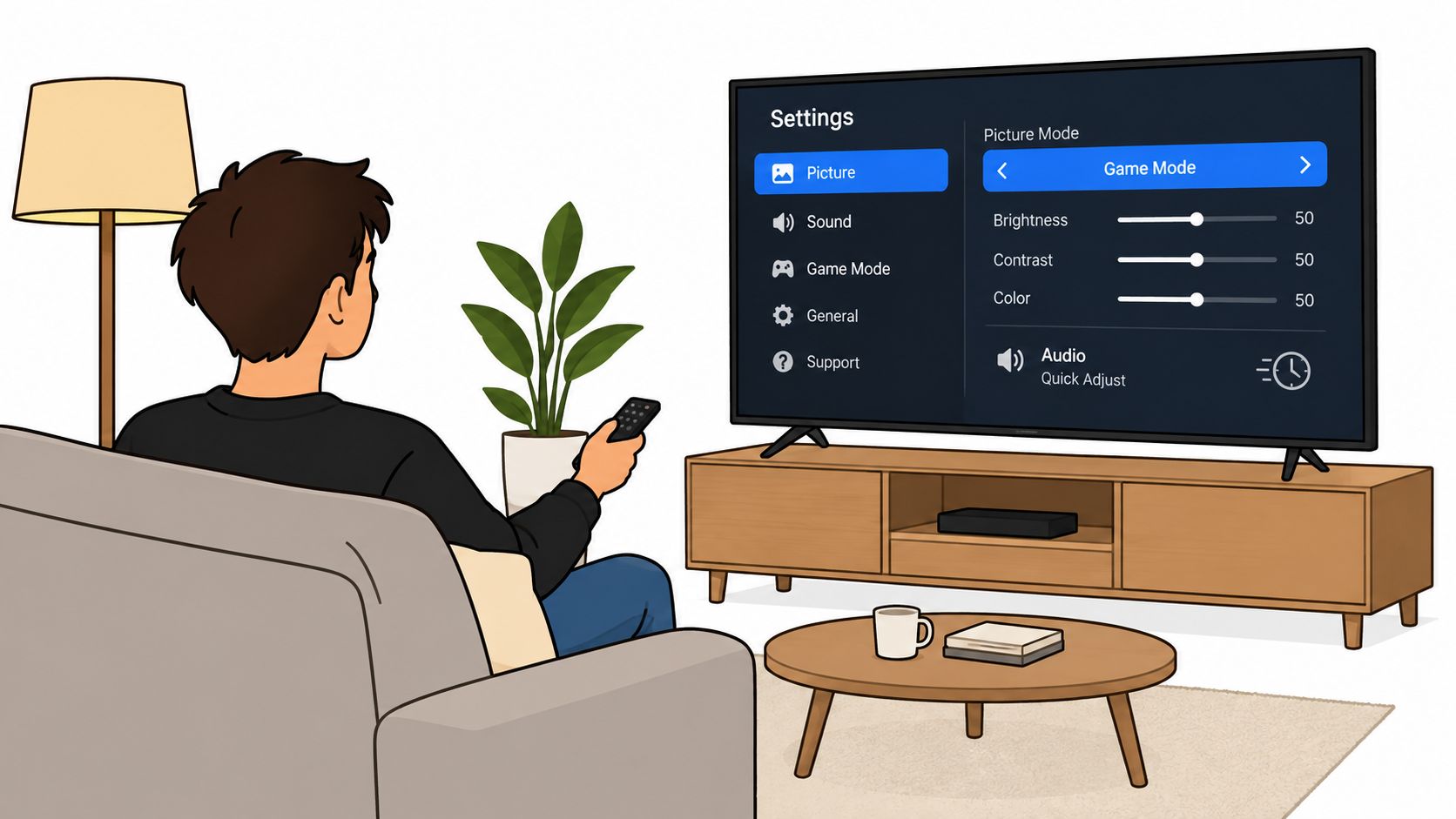A person sitting on a couch adjusting TV sound settings using a remote to fix audio delay.