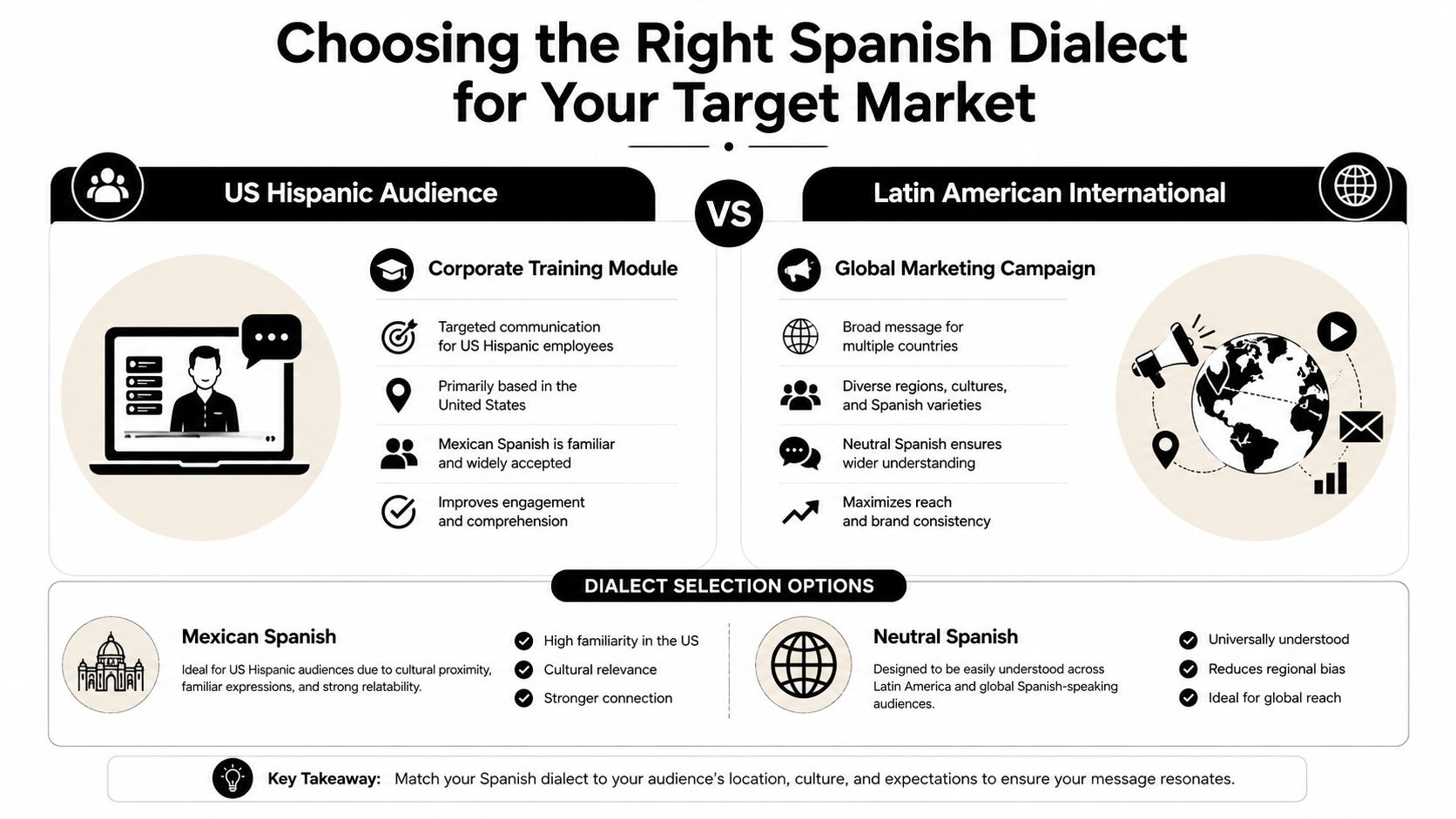 A comparison infographic showing when to use Mexican Spanish versus Neutral Spanish for various target audiences.
