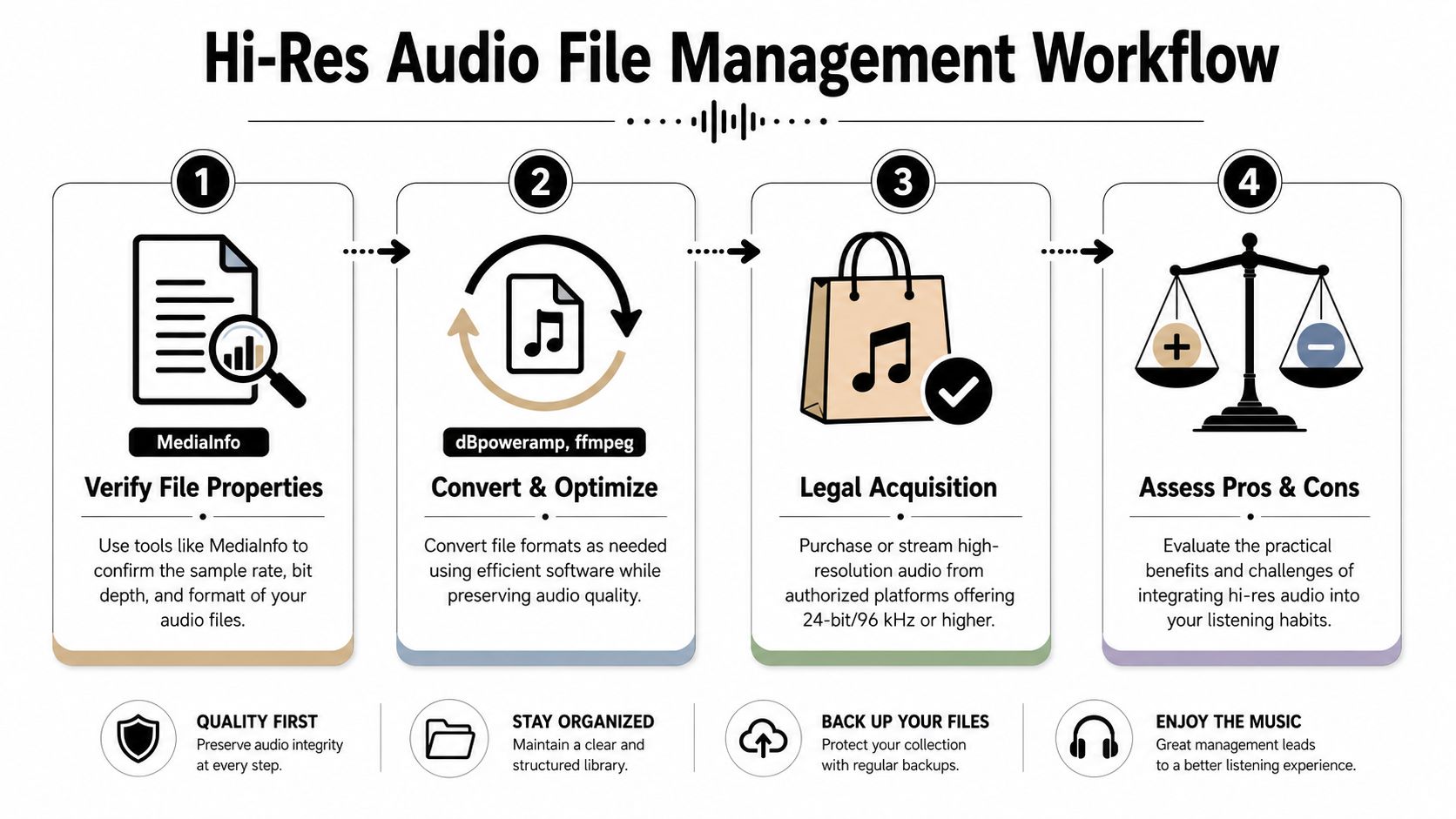 A four-step infographic illustrating the professional workflow for managing and organizing high-resolution audio files.