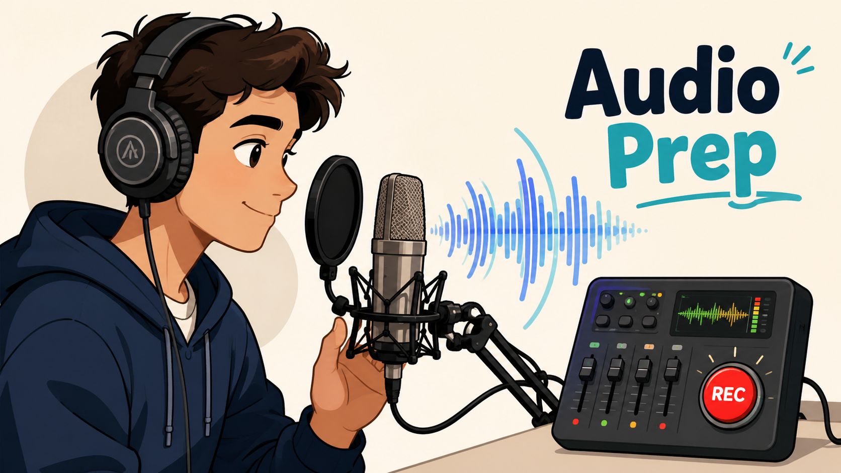 A young man with headphones speaking into a studio microphone, preparing audio for a recording session.