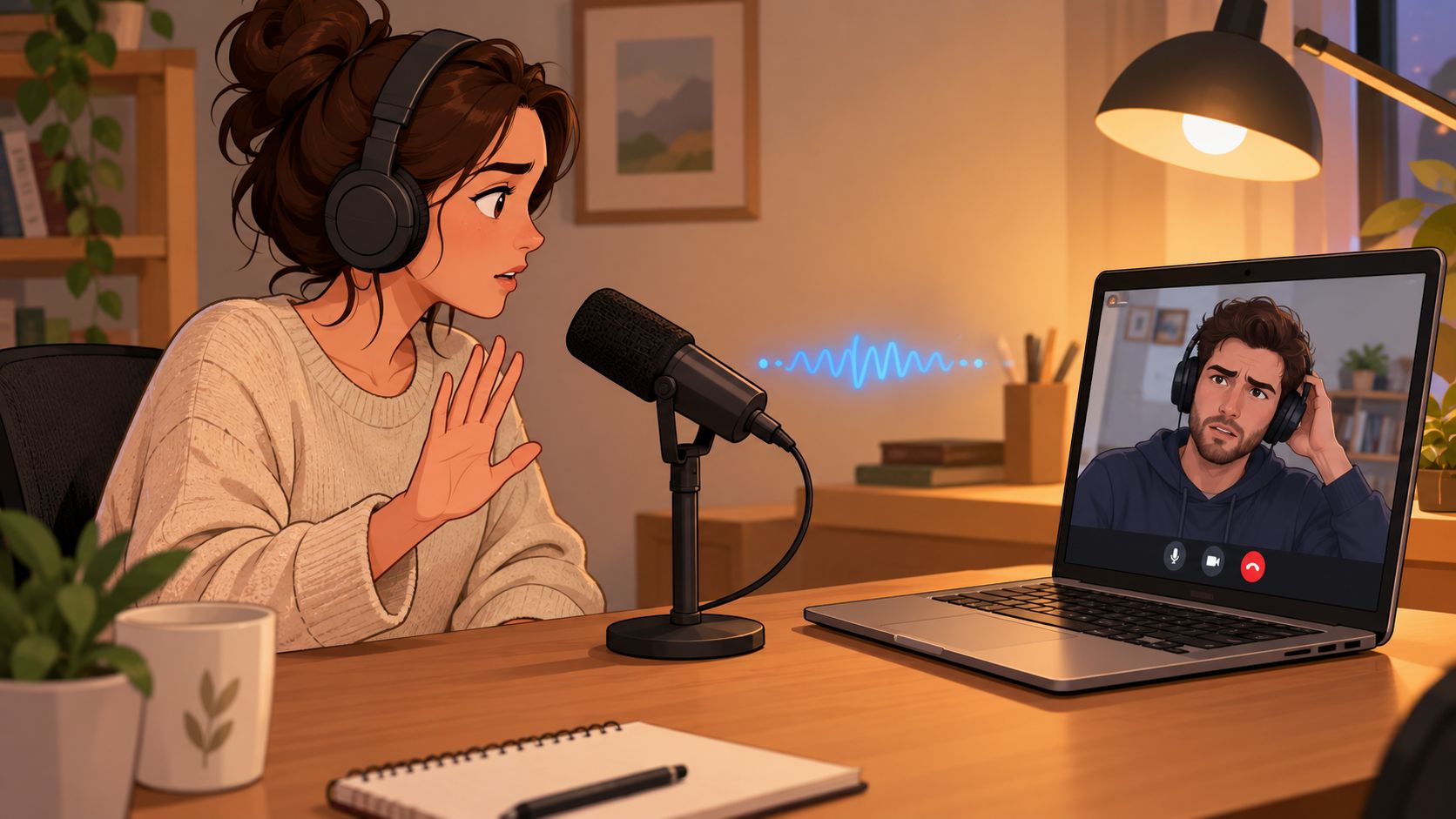 A woman and a man in headphones talk during a remote podcast recording on a laptop.
