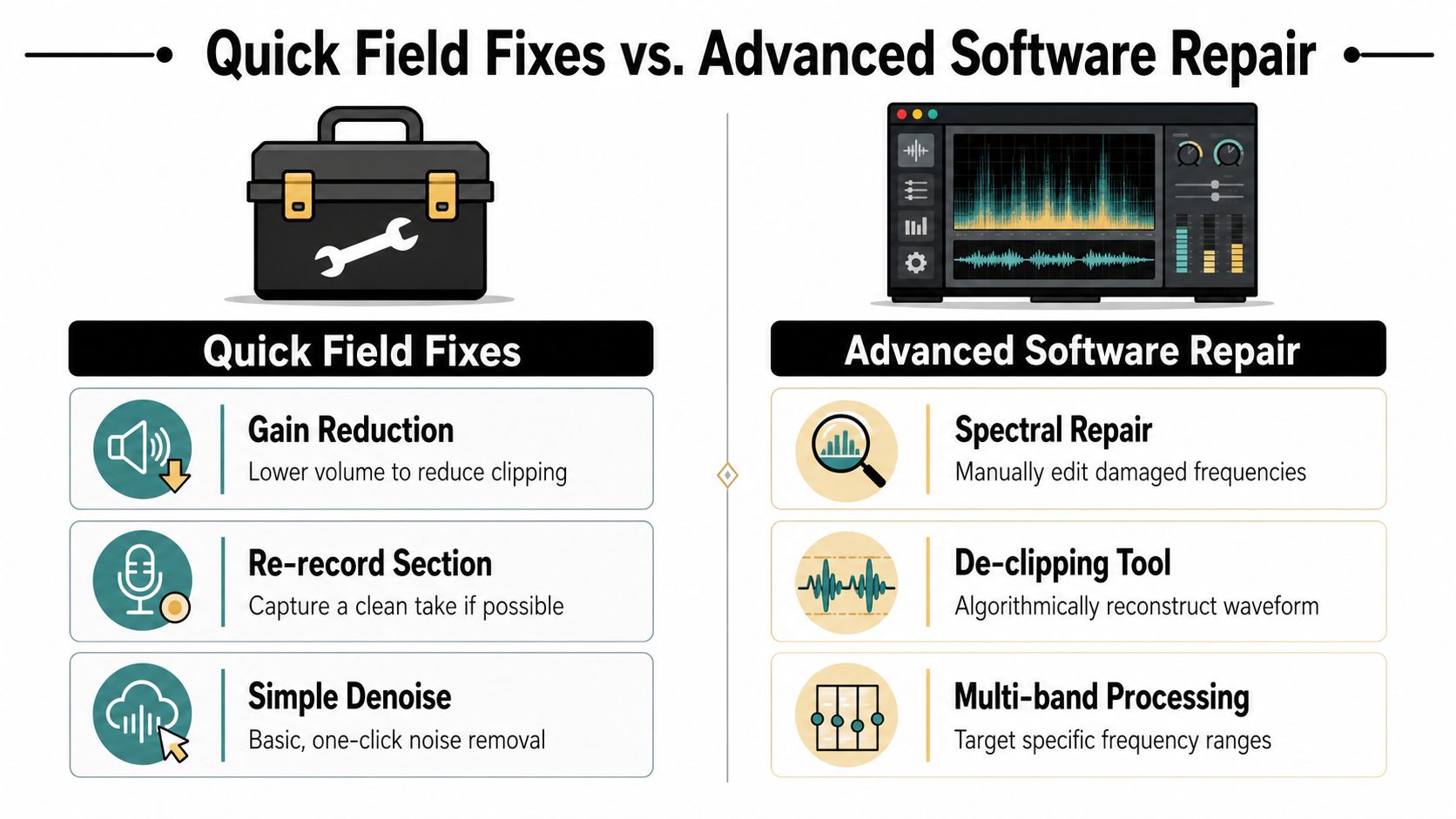 A comparative infographic showing quick field audio fixes on the left and advanced software repair techniques on the right.