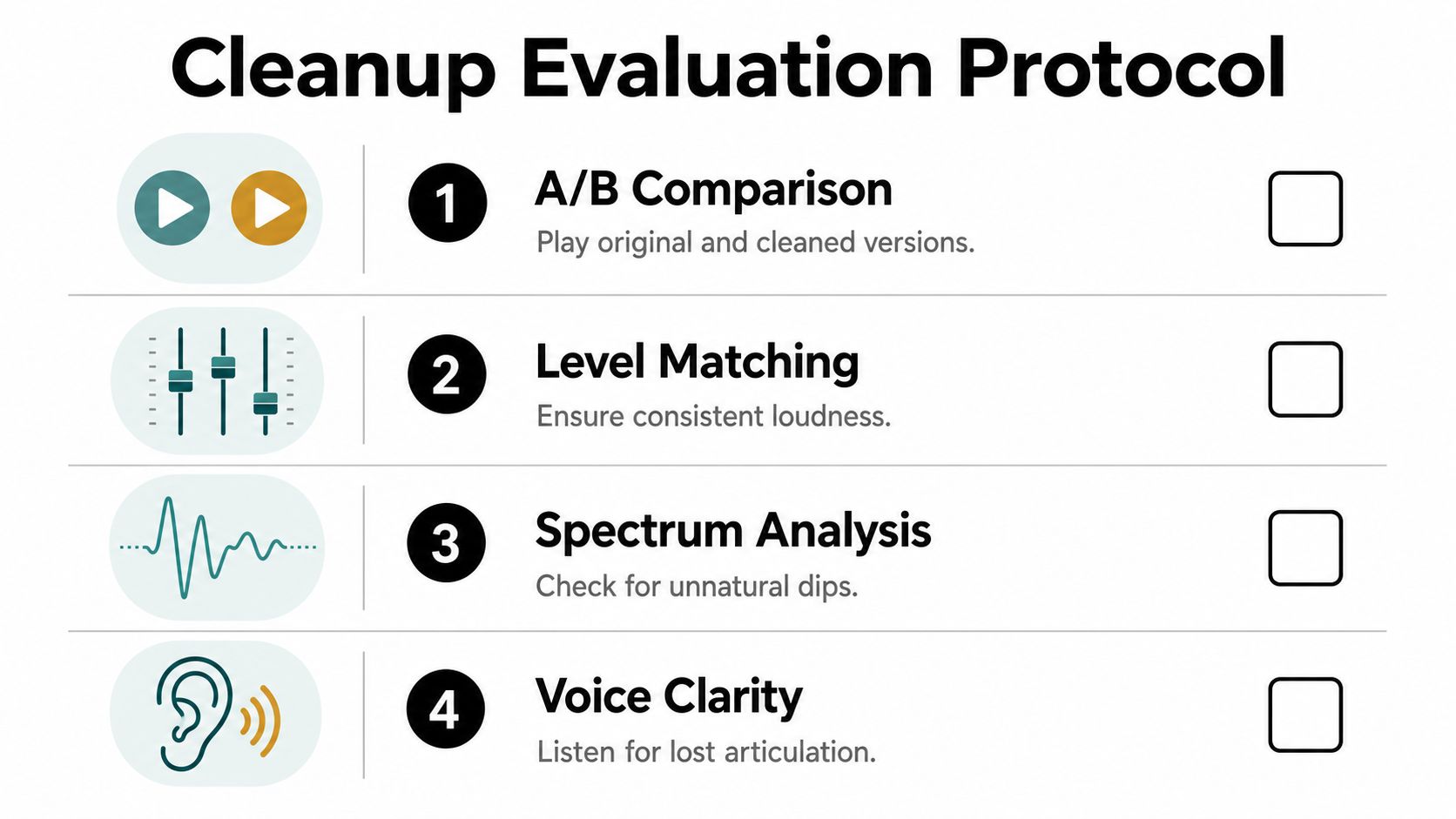 A checklist infographic titled Cleanup Evaluation Protocol featuring four steps for evaluating audio editing quality.
