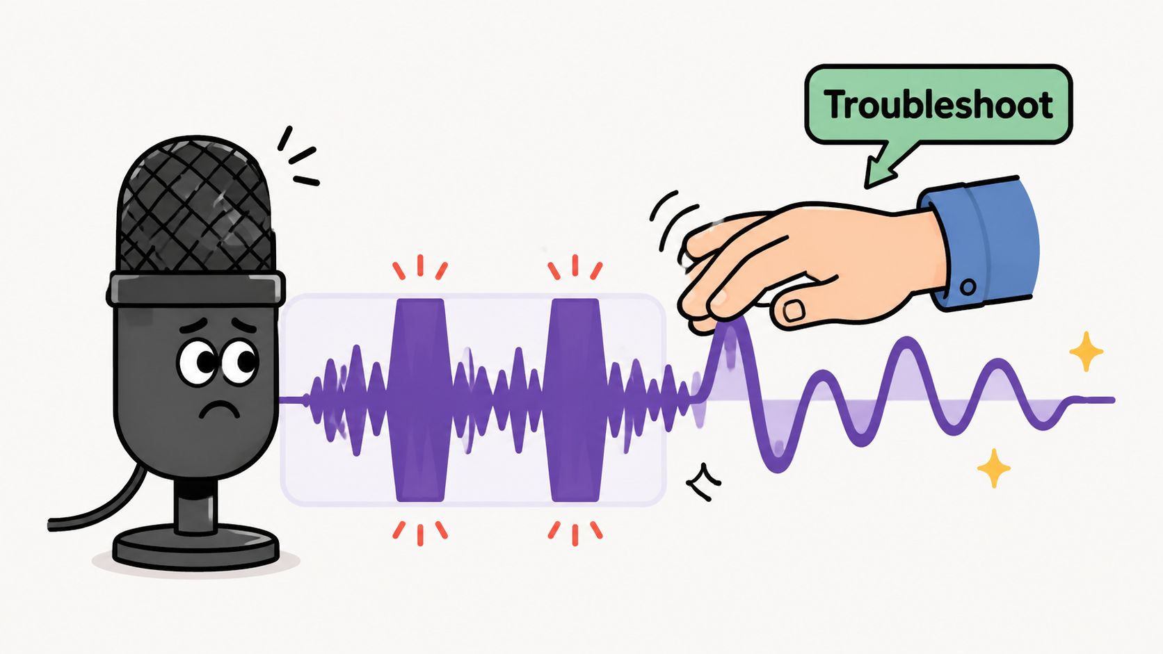 A worried cartoon microphone character watching a human hand adjusting a purple audio sound wave visualization.