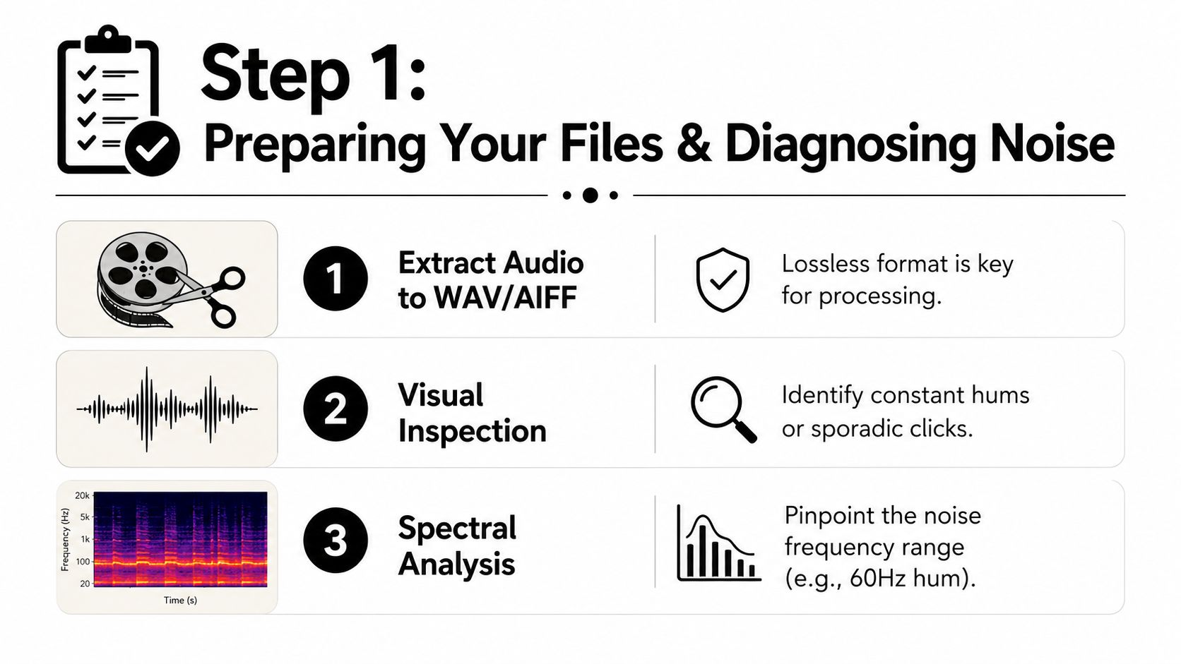 An infographic showing step one of preparing and diagnosing audio noise in video files for editing.
