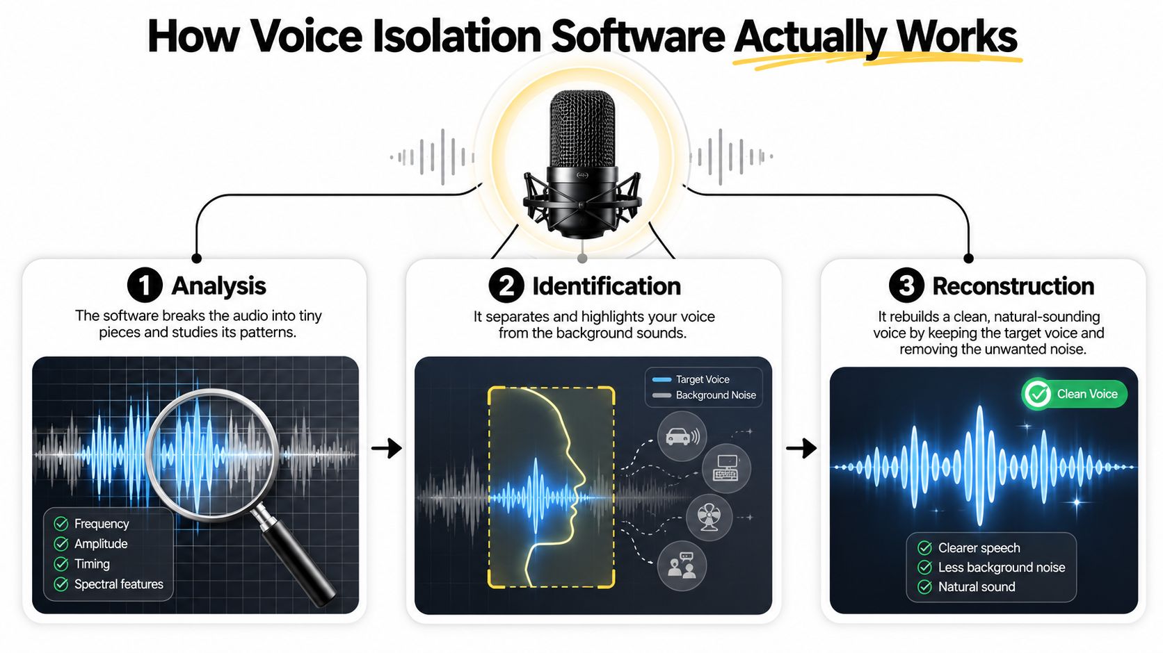 An infographic illustrating how voice isolation software works through analysis, identification, and reconstruction steps to remove noise.