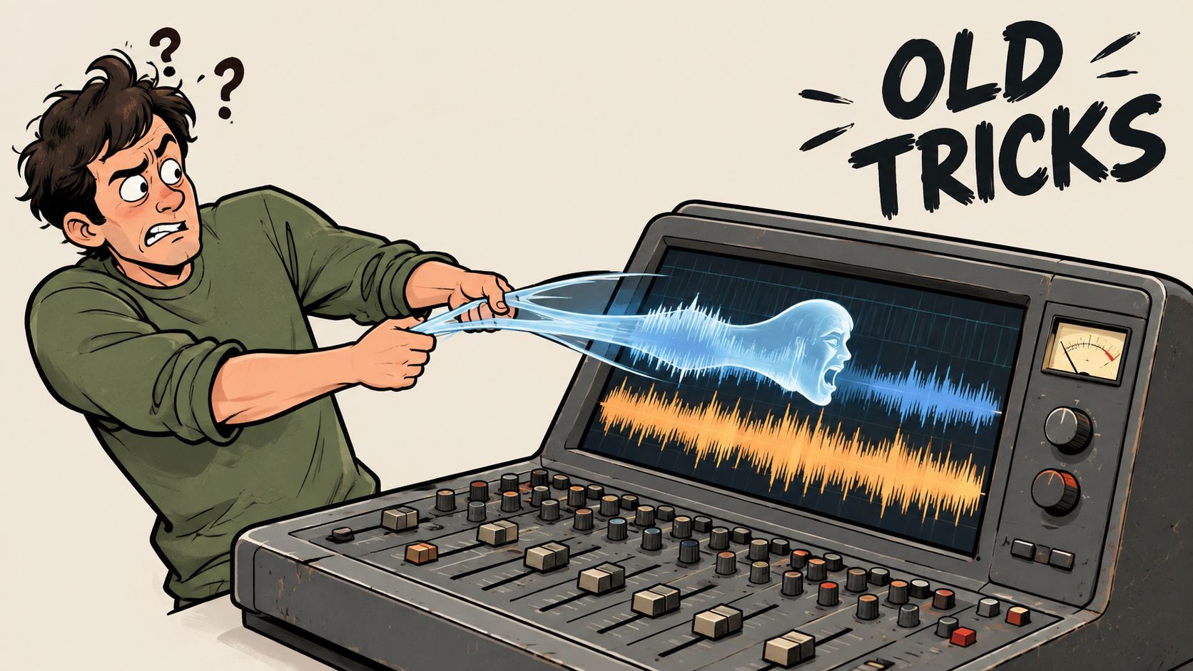 A confused music producer pulling vocal waveforms out of a digital audio mixing console screen.