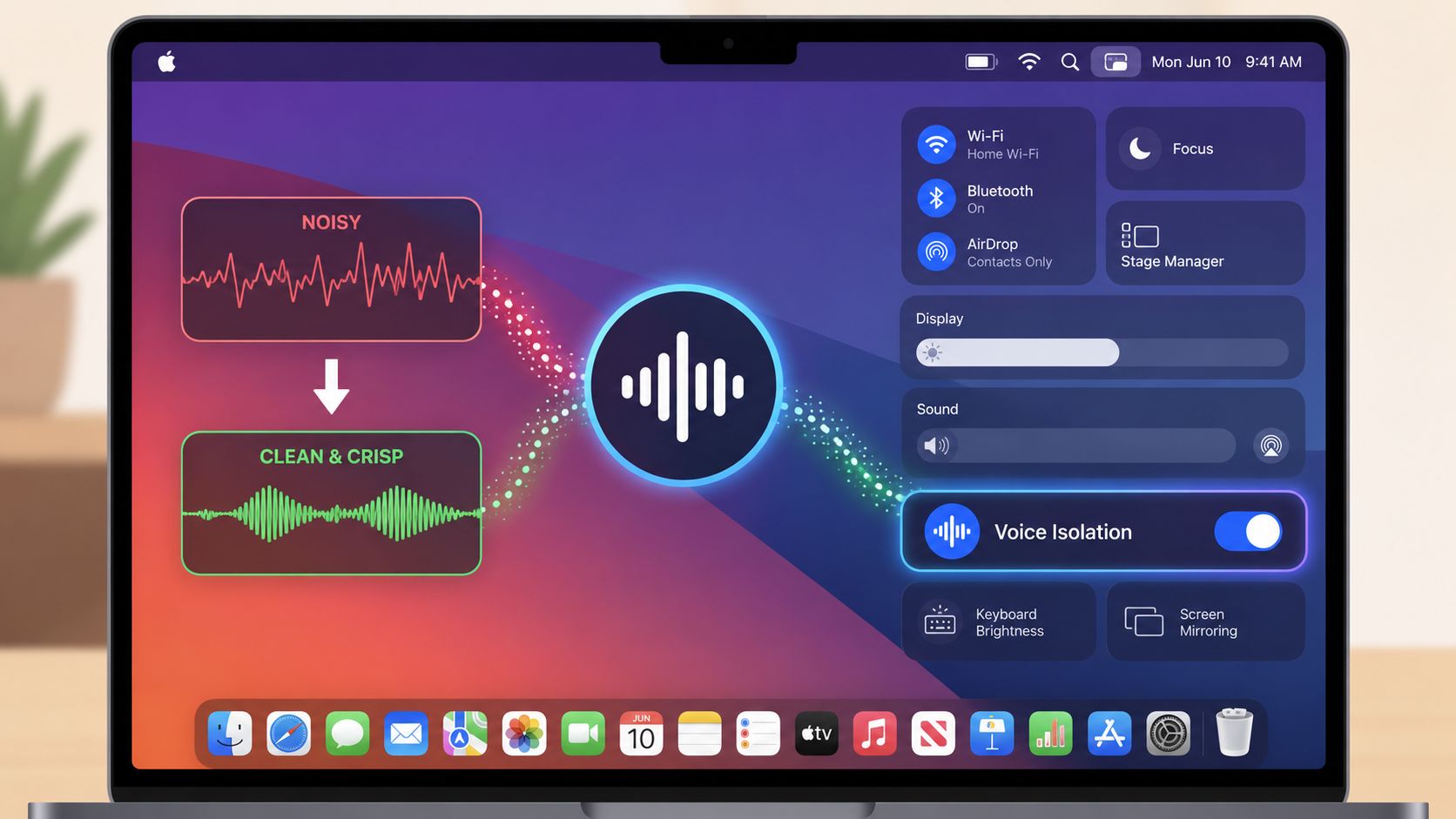 A MacBook screen displays macOS Control Center with the Voice Isolation feature active for reducing background noise.