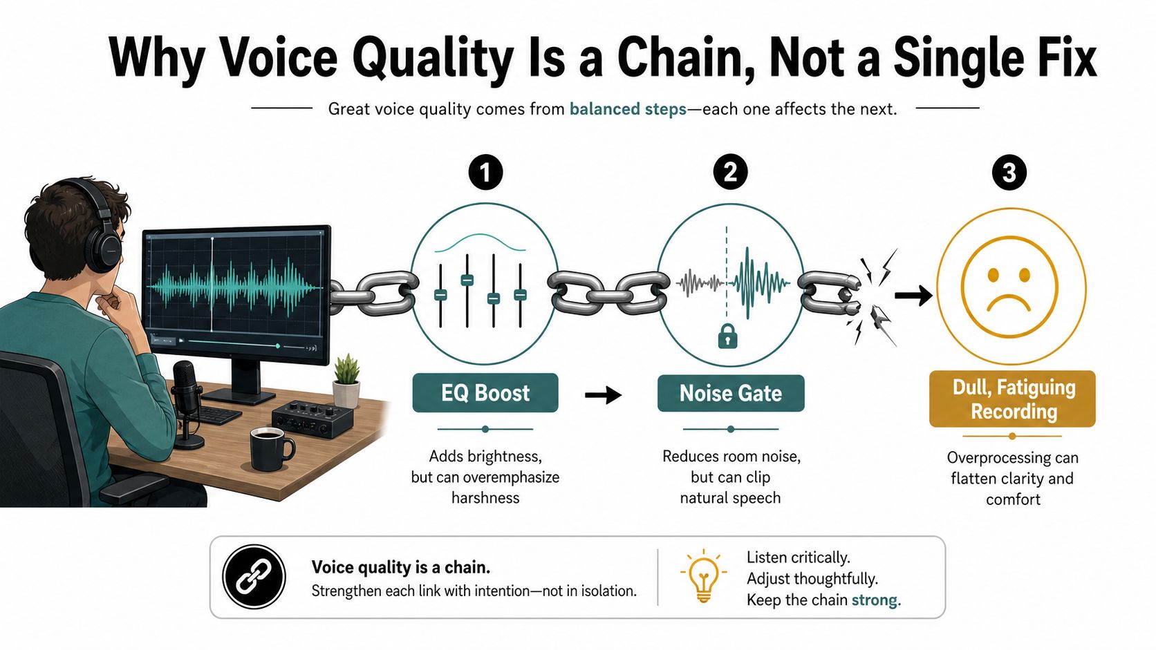 An infographic showing that voice quality is a chain of steps rather than a single fix.