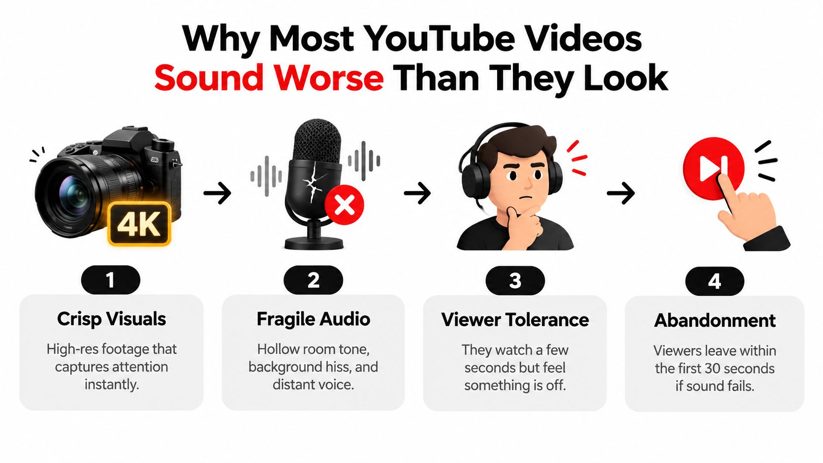 An infographic illustrating why high quality video production often fails due to poor audio quality.