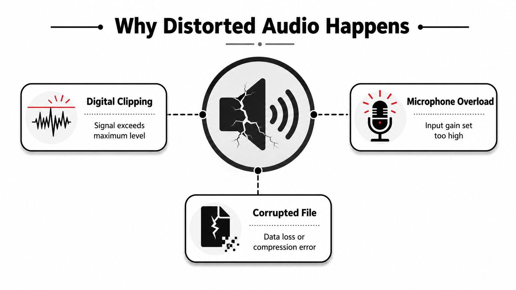 A diagram explaining three main causes of audio distortion: digital clipping, microphone overload, and corrupted audio files.