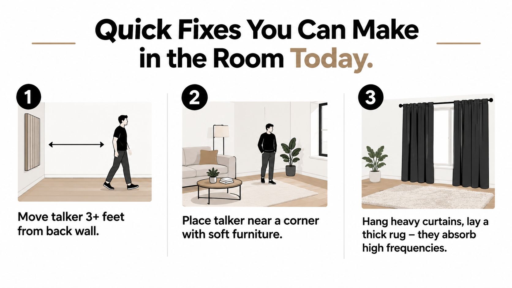 An infographic showing three quick and easy ways to reduce room echo, including furniture and decor adjustments.