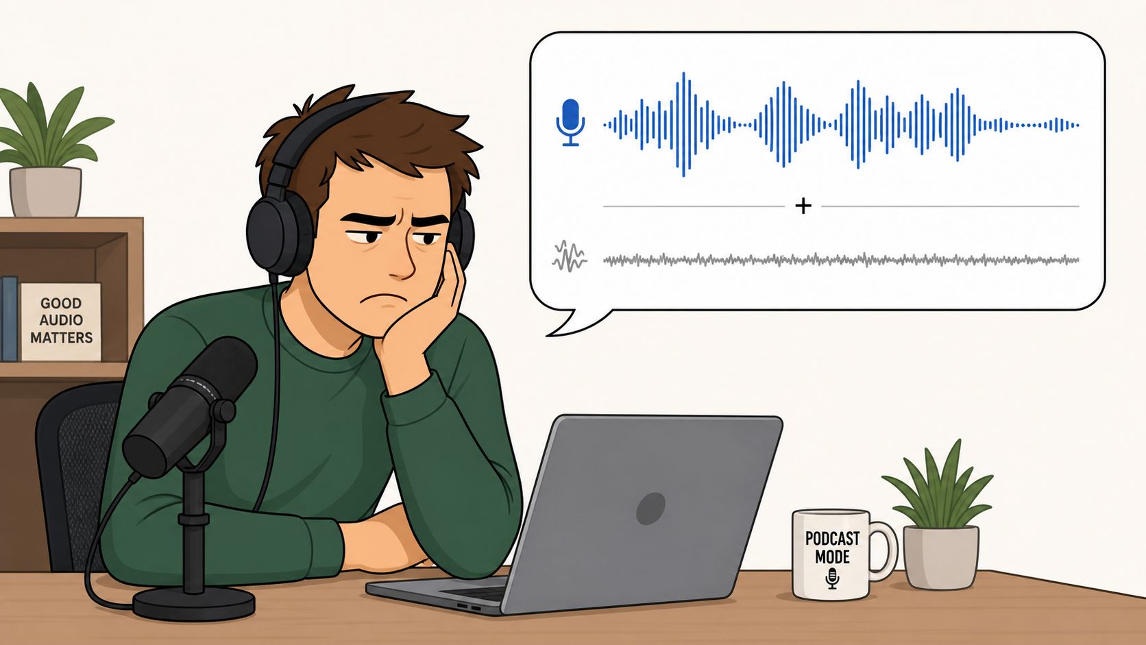 A frustrated podcaster wearing headphones looks at a computer screen showing background noise audio waves.