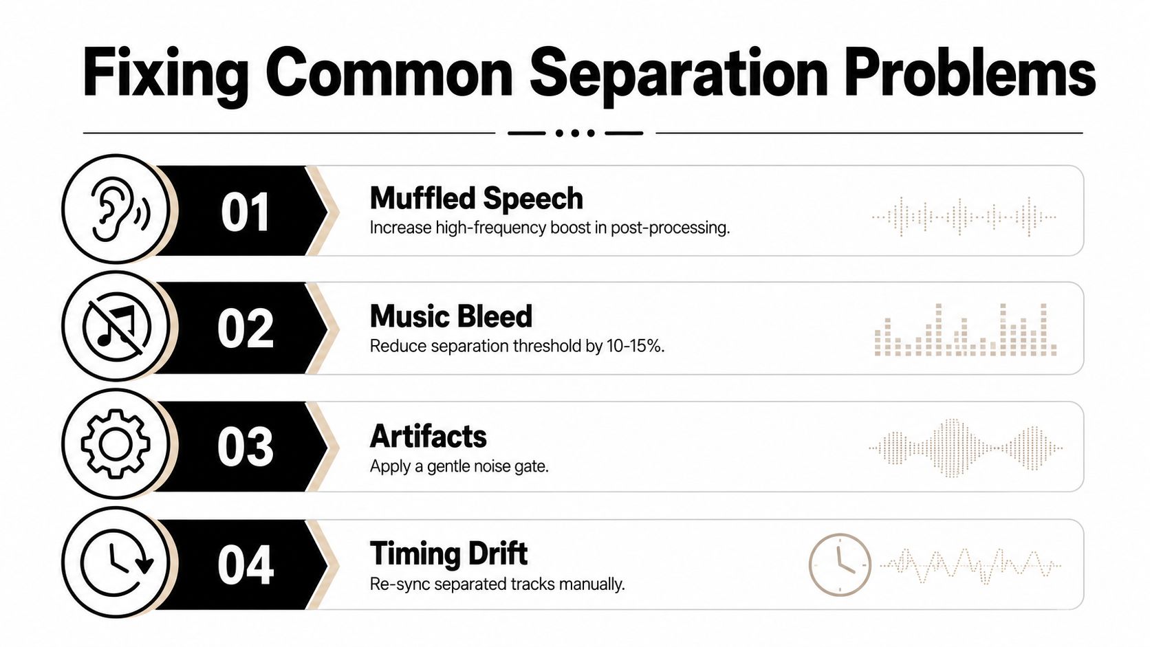 A four-step infographic showing solutions for audio separation problems including muffled speech, music bleed, artifacts, and timing drift.