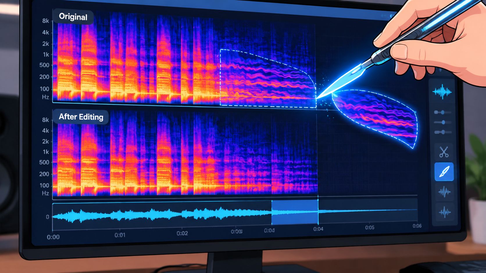A digital display showing a spectral audio editing interface being manipulated with a glowing scalpel tool.