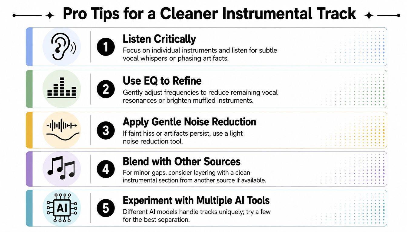 A five-step infographic offering professional tips for creating clean instrumental tracks from mixed audio files.