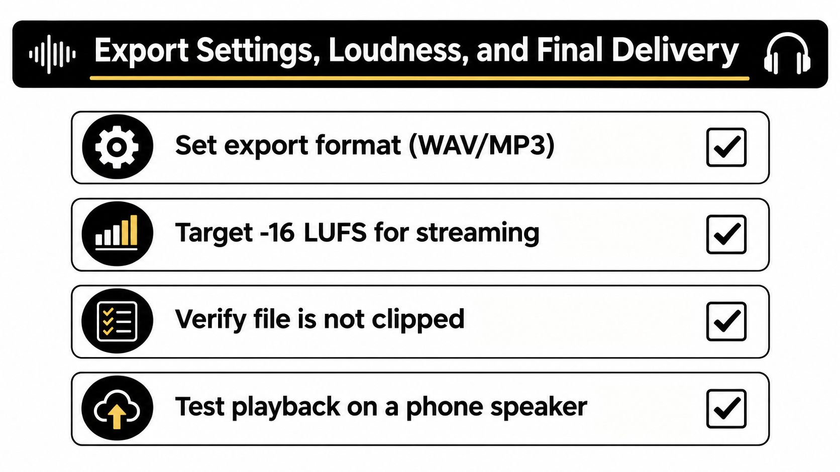 A checklist for audio production covering export settings, target loudness, checking for clipping, and testing playback quality.