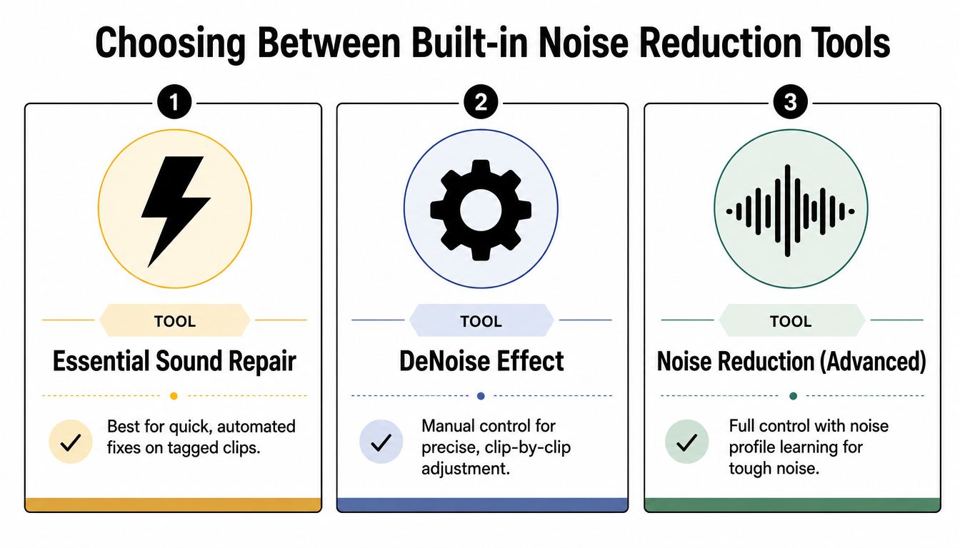 A comparison chart outlining three built-in Adobe Premiere Pro tools for reducing audio background noise in video projects.