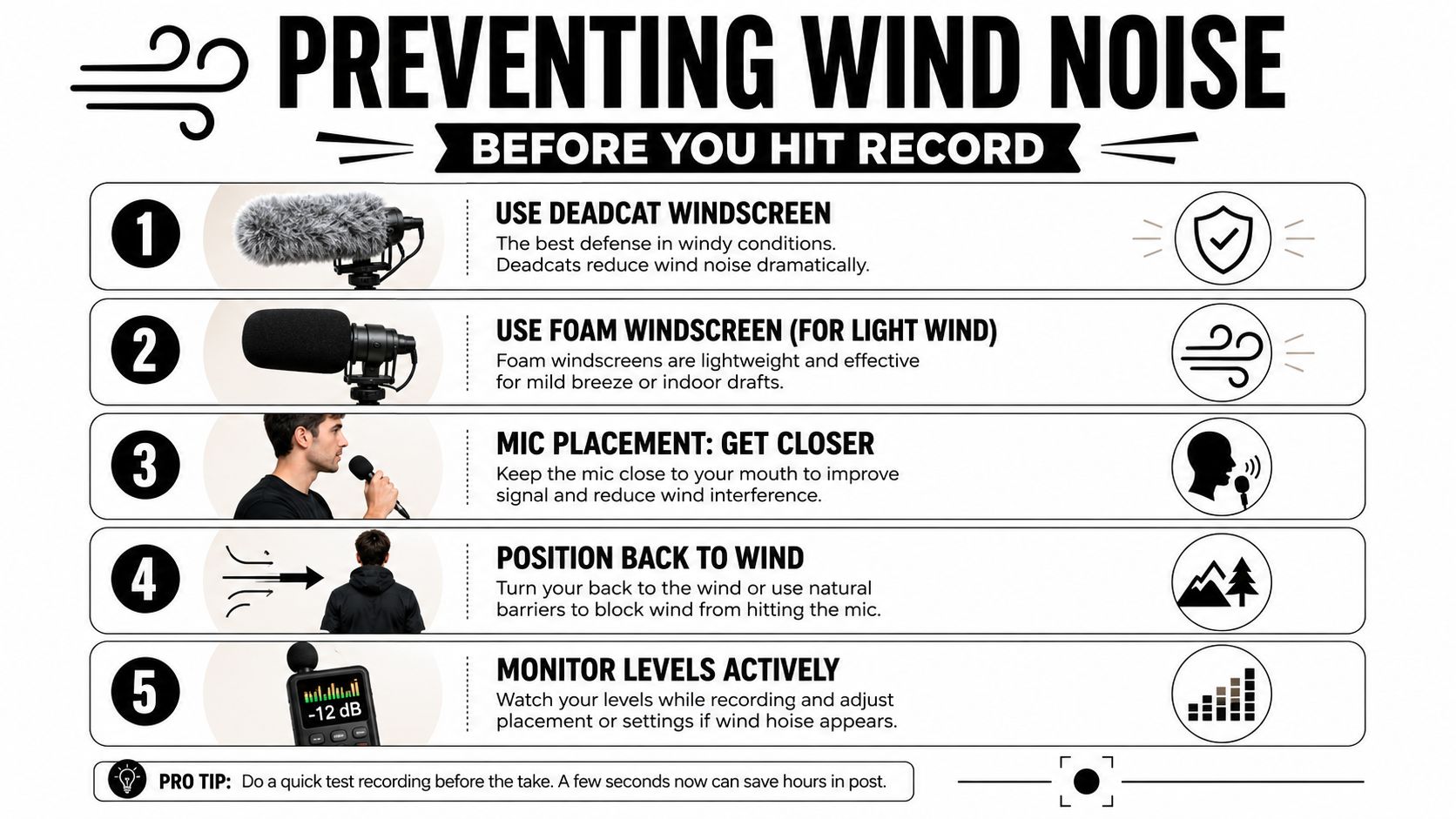 An infographic titled Preventing Wind Noise detailing five effective methods to protect microphone recordings from wind interference.