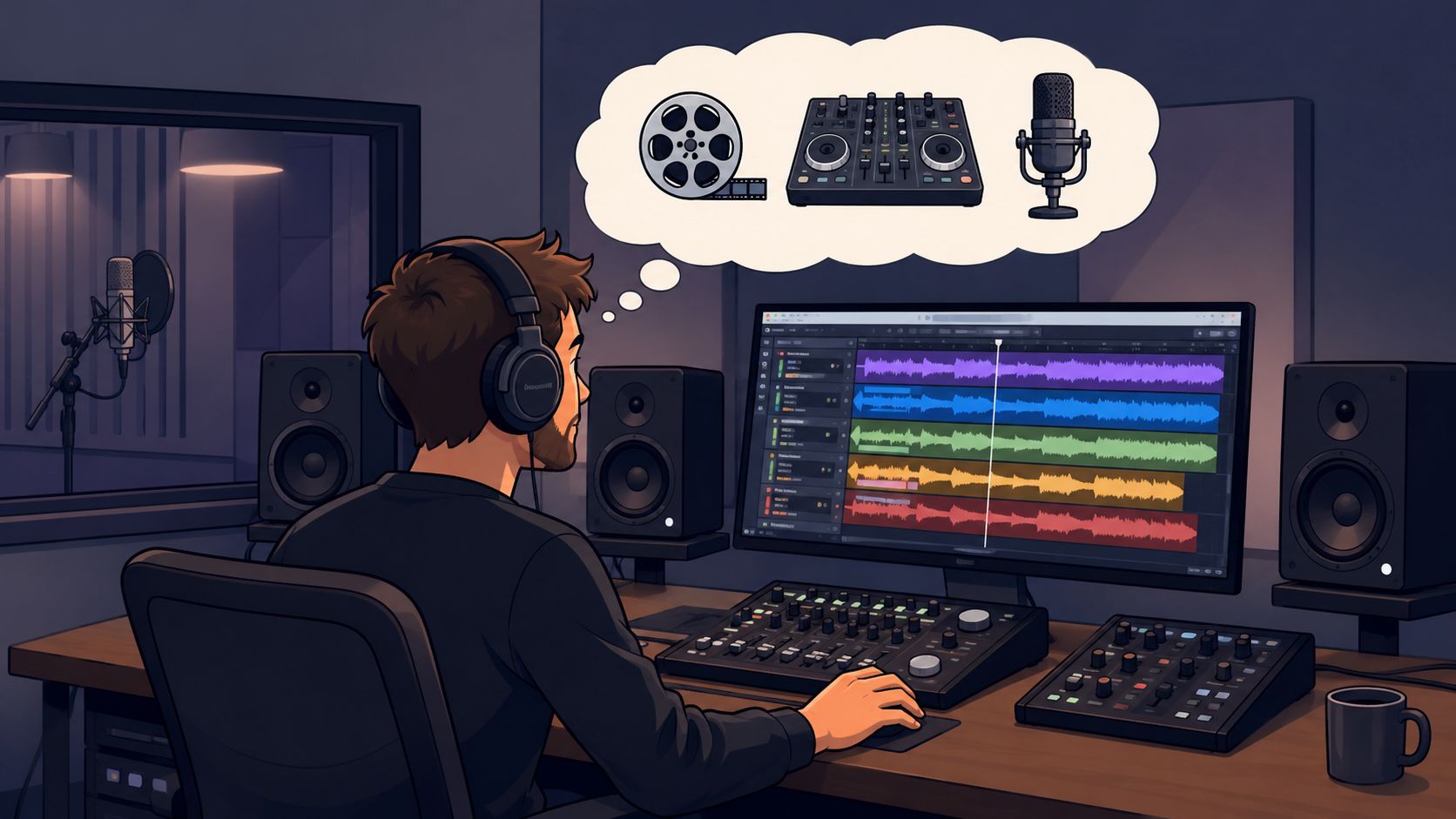 A professional music producer working in a studio on a computer with audio editing software