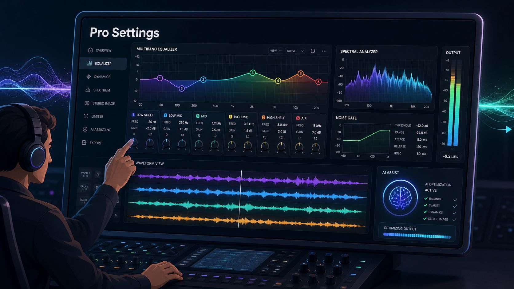 A digital audio engineer using an advanced AI interface to mix and optimize music tracks on a screen.