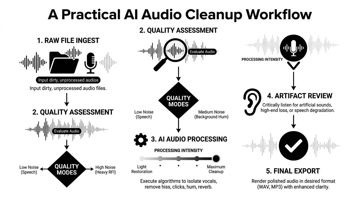 A flowchart diagram illustrating a practical five-step workflow for cleaning up audio files using AI technology.