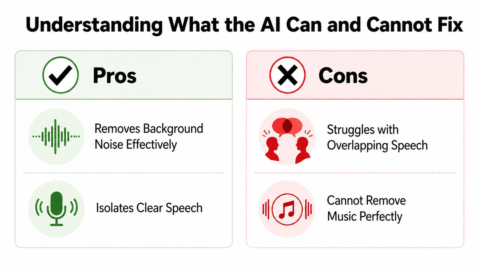 A comparison chart showing the pros and cons of using AI to isolate audio from video content.