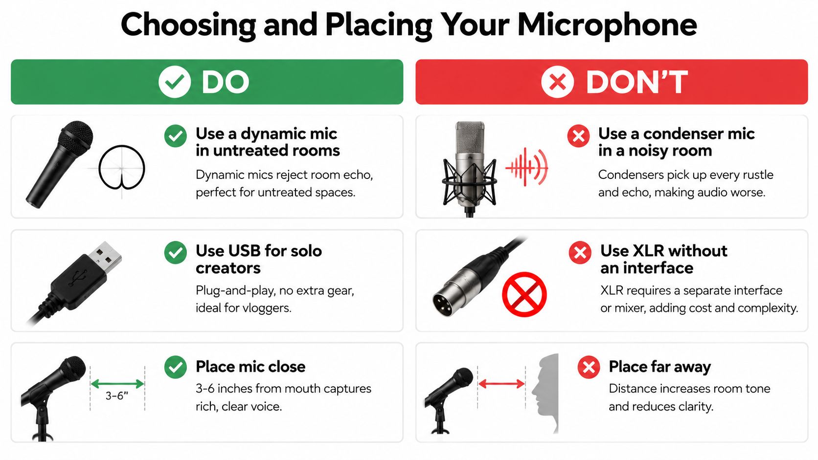A helpful infographic comparing microphone usage and placement techniques to improve audio quality for video creators.