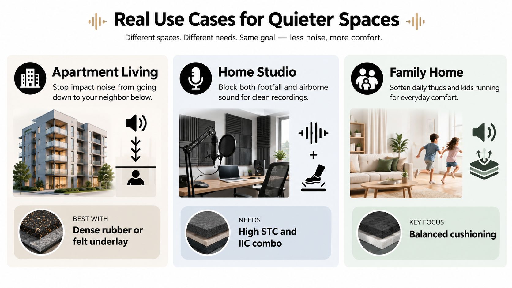 An infographic showing real use cases for noise reduction underlay including apartment living, home studios, and family homes.