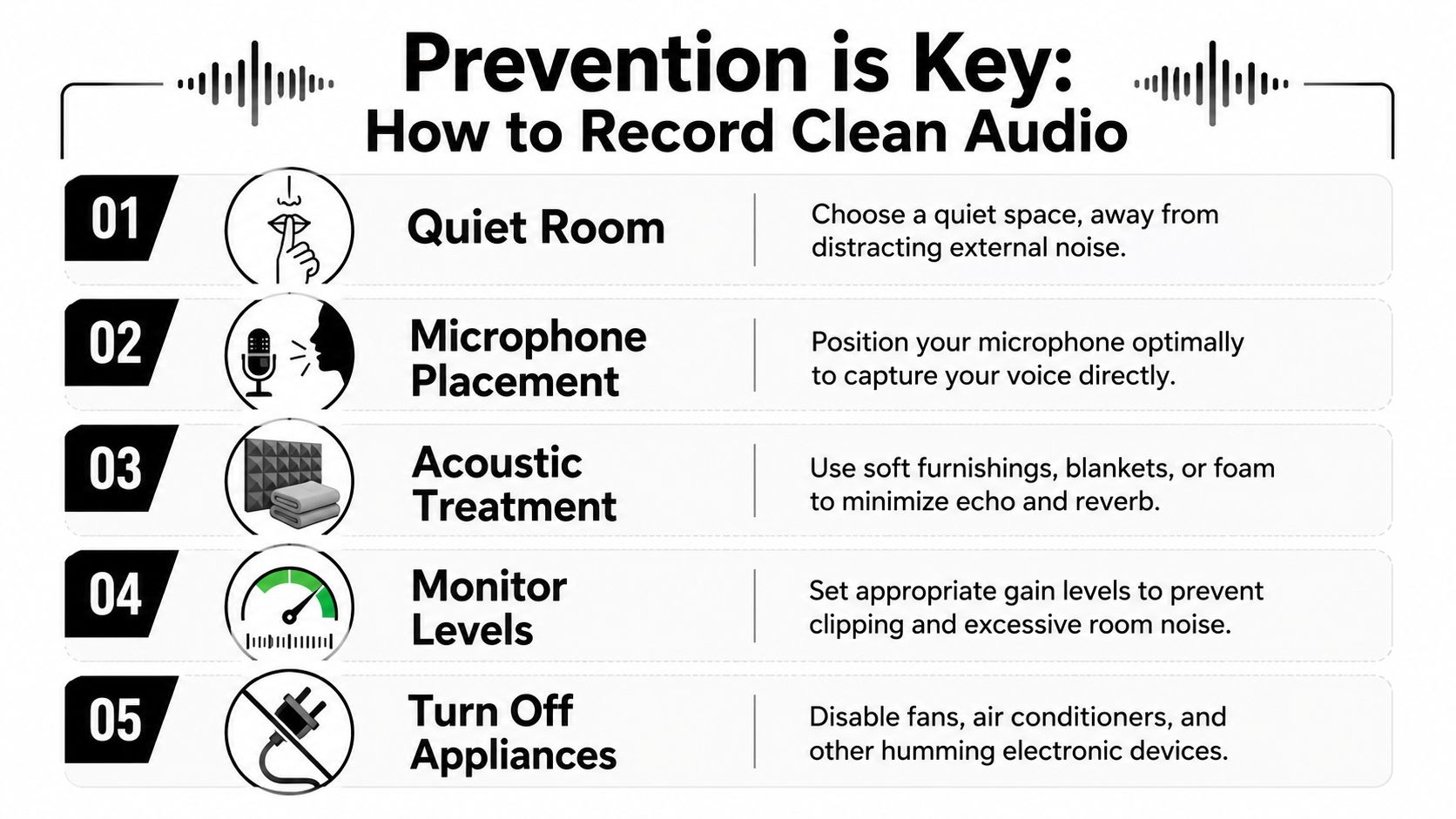 An infographic titled Prevention is Key, illustrating five steps to record professional quality clean audio.