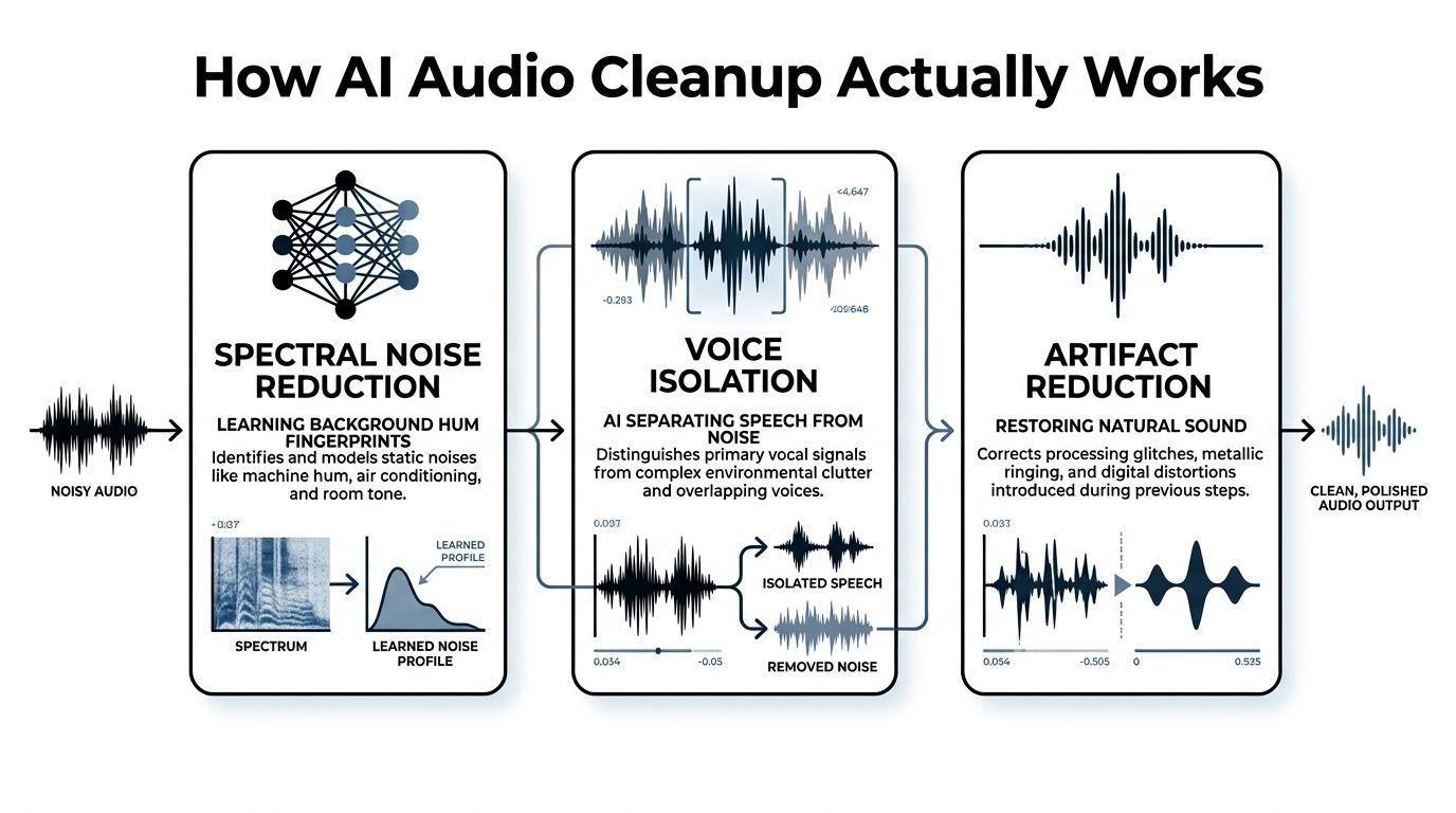 A diagram illustrating the three-step AI audio cleanup process using spectral reduction, voice isolation, and artifact reduction techniques.