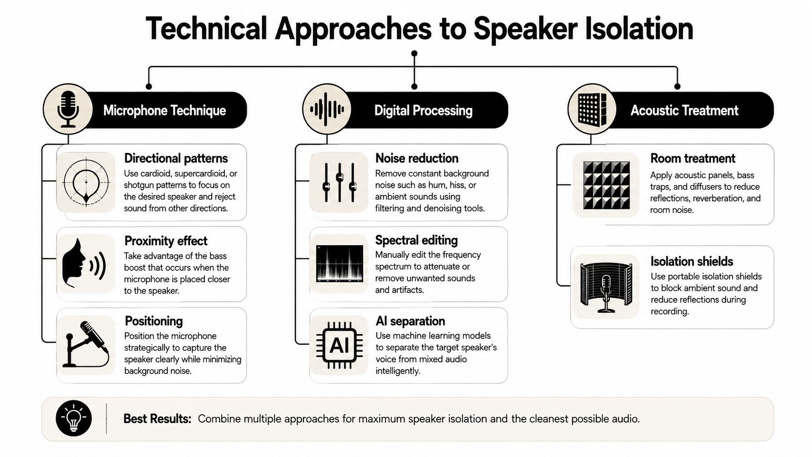A technical infographic illustrating three primary approaches for effective speaker isolation in audio recording environments.