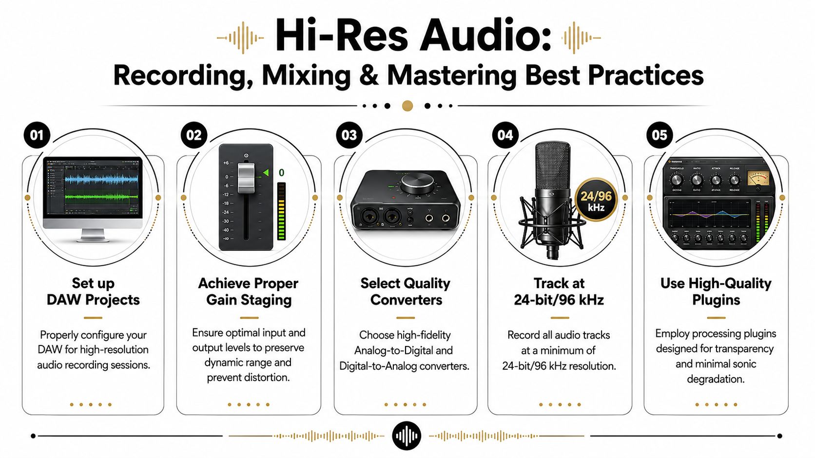 An infographic detailing five best practices for recording, mixing, and mastering high-resolution professional audio projects.