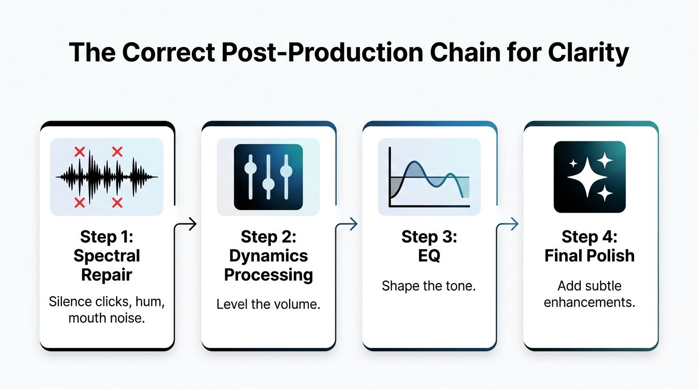 A flowchart showing the four steps of a professional post-production audio process for achieving clear voice quality.