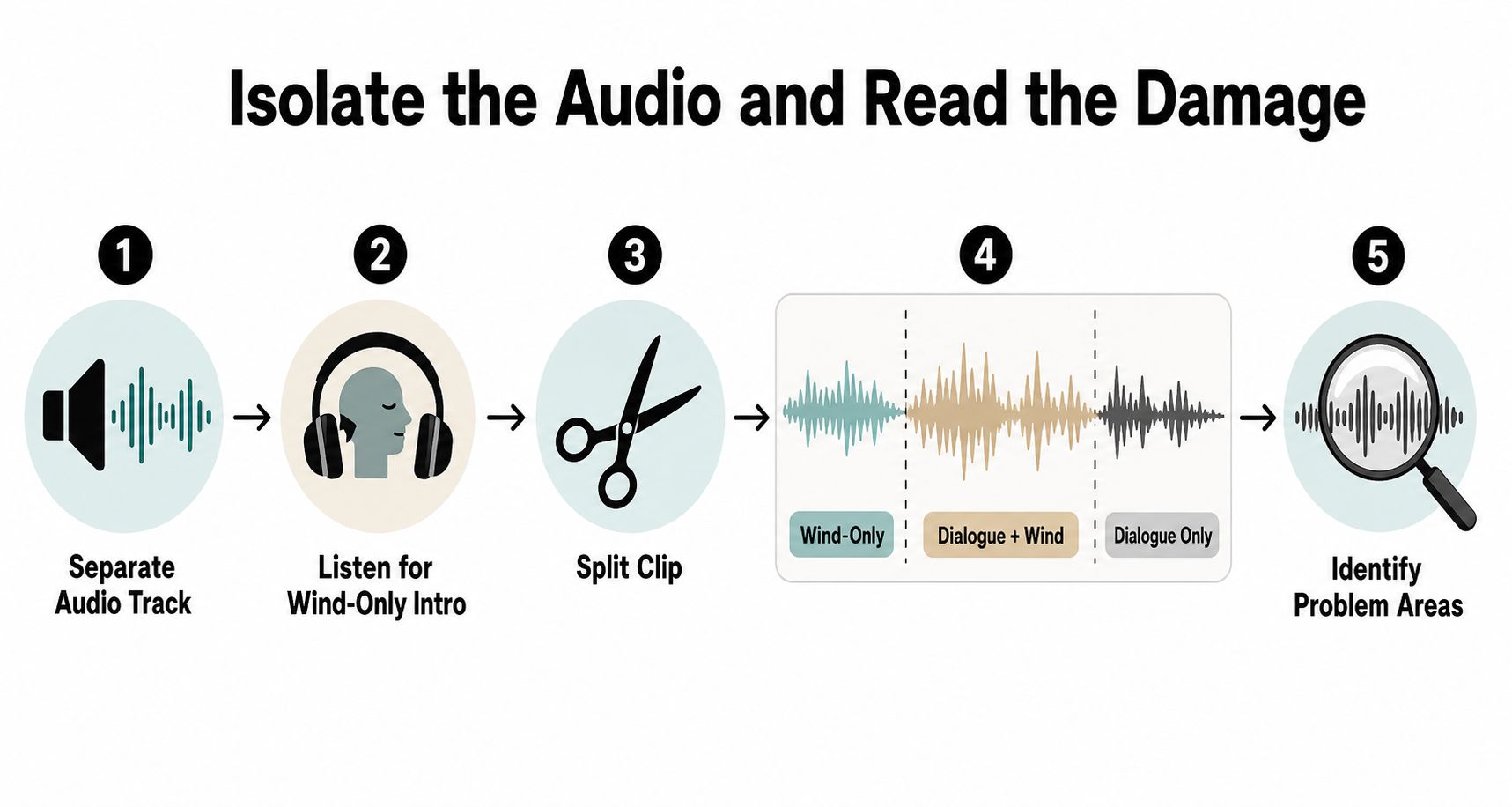 A five-step infographic showing how to isolate audio and identify wind noise issues in video editing software.